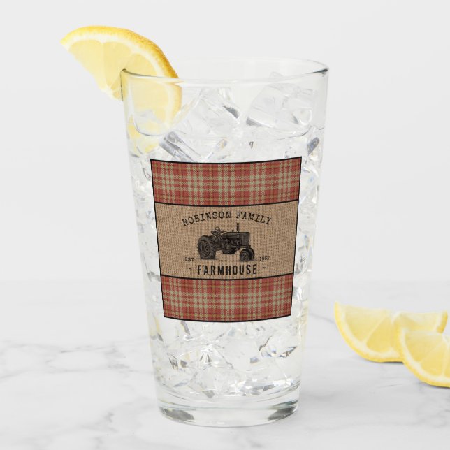 Family Farmhouse Rustic Tractor Red Plaid Burlap Glass (Front Ice)
