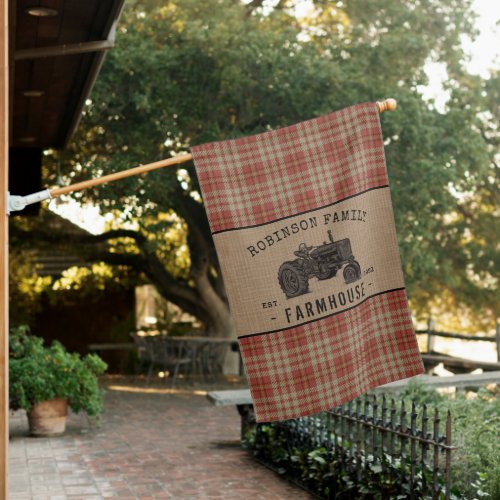 Family Farmhouse Rustic Tractor Red Plaid Burlap House Flag