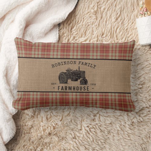 Family Farmhouse Rustic Tractor Red Plaid Burlap Lumbar Pillow