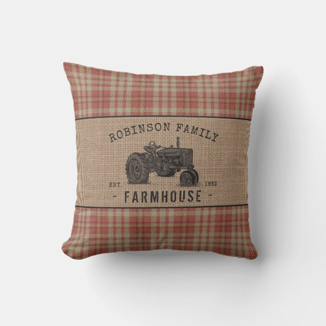 Family Farmhouse Rustic Tractor Red Plaid Burlap Outdoor Pillow (Front)