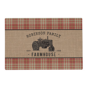 Family Farmhouse Rustic Tractor Red Plaid Burlap Placemat
