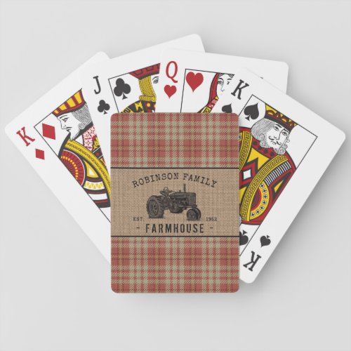 Family Farmhouse Rustic Tractor Red Plaid Burlap Poker Cards