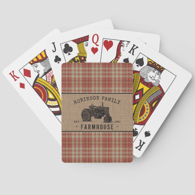 Family Farmhouse Rustic Tractor Red Plaid Burlap Poker Cards (Back)
