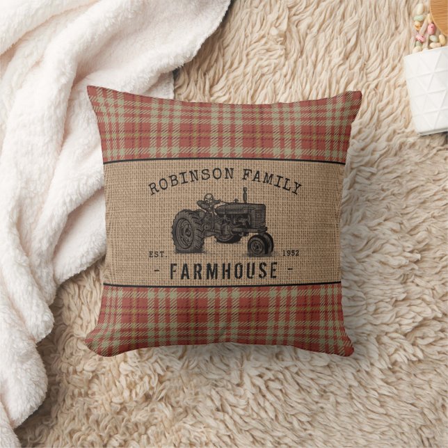 Family Farmhouse Rustic Tractor Red Plaid Burlap Throw Pillow (Blanket)