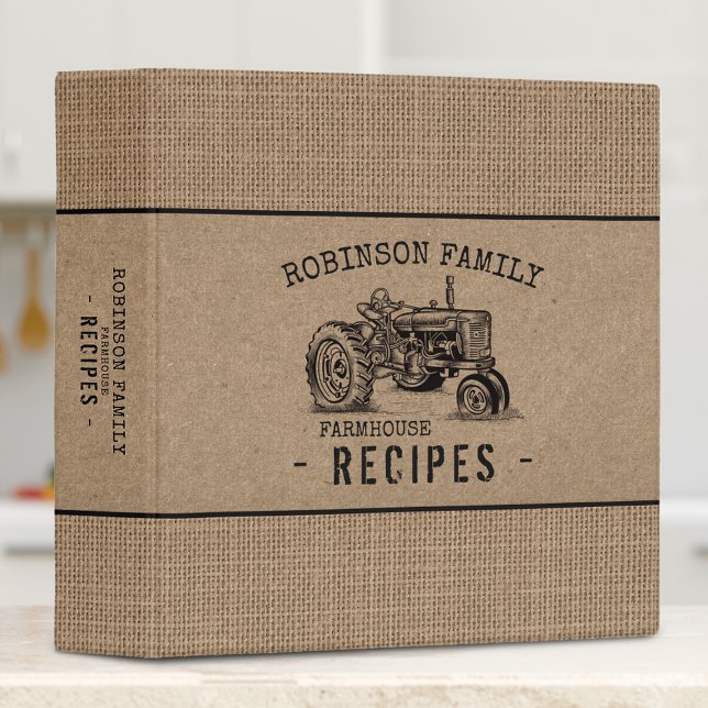 Family Farmhouse Tractor Burlap Kraft Recipe Book 3 Ring Binder (Creator Uploaded)