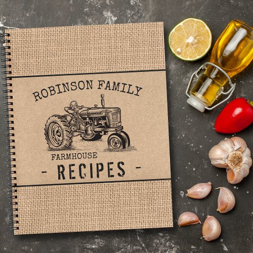Family Farmhouse Tractor Burlap Kraft Recipe Notebook