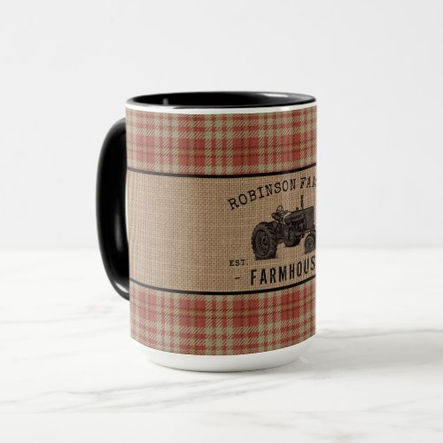 Family Farmhouse Tractor Red Plaid Burlap Big Mug