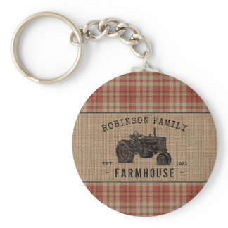 Family Farmhouse Tractor Red Plaid Burlap Round Keychain