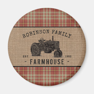 Family Farmhouse Tractor Red Plaid Burlap Round Magnet