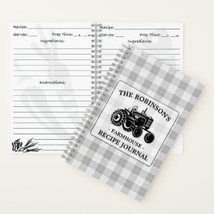 Family Farmhouse Tractor White Plaid Recipe Notebook