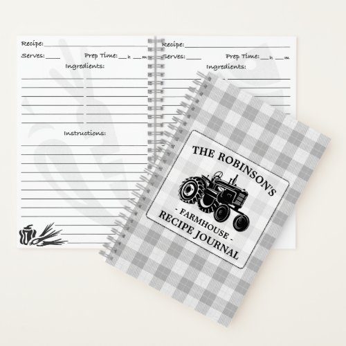 Family Farmhouse Tractor White Plaid Recipe Notebook