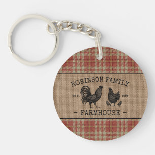 Family Farmhouse Vintage Red Plaid Burlap 2 Sided Keychain