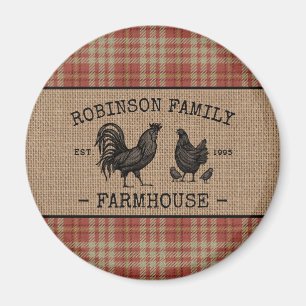 Family Farmhouse Vintage Red Plaid Burlap Round Magnet
