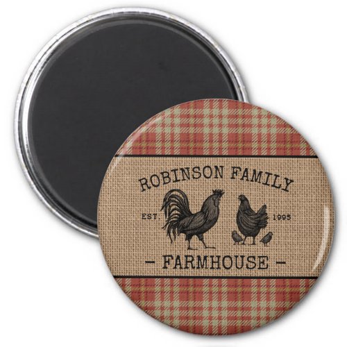 Family Farmhouse Vintage Red Plaid Burlap Round Magnet