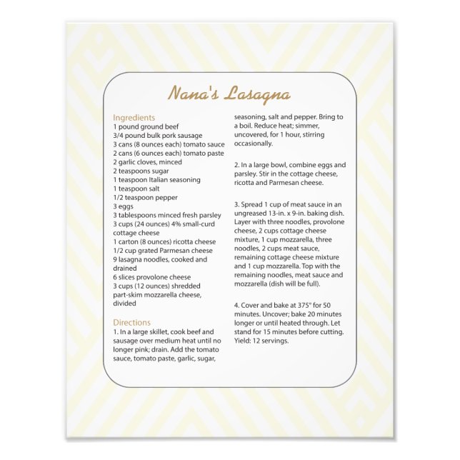 Family Favorite Recipe Chevron - Lasagna Photo Print (Front)
