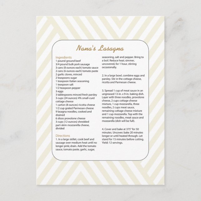 Family Favorite Recipe Chevron - Lasagna Postcard (Front)
