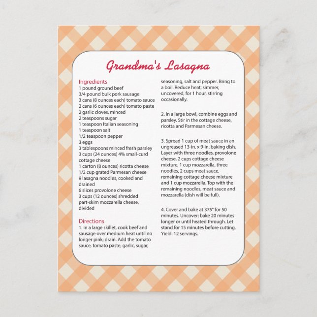 Family Favorite Recipe Retro - Lasagna Postcard (Front)
