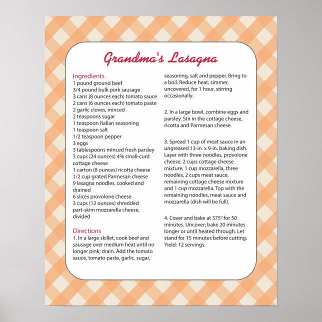 Family Favorite Recipe Retro - Lasagna Poster (Front)