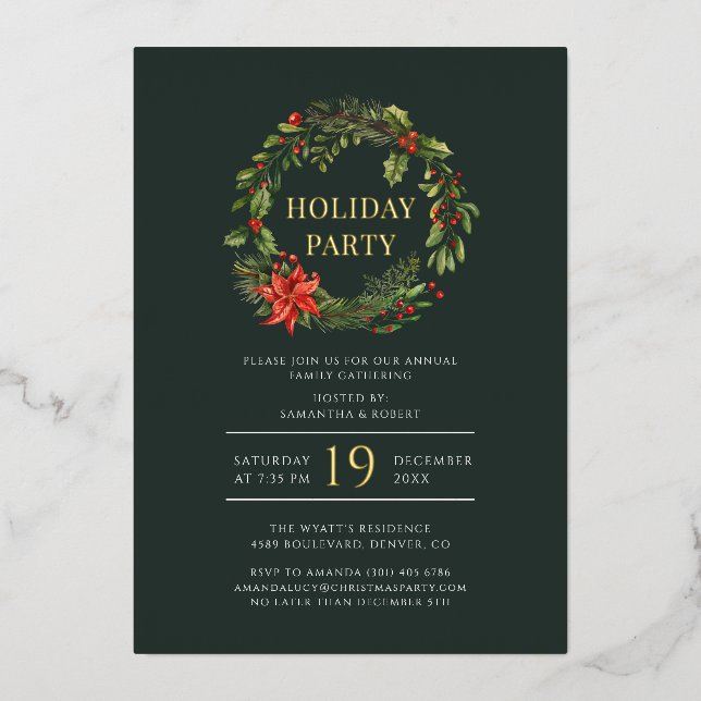Family Festive Holiday Christmas Wreath Party Foil Invitation (Front)