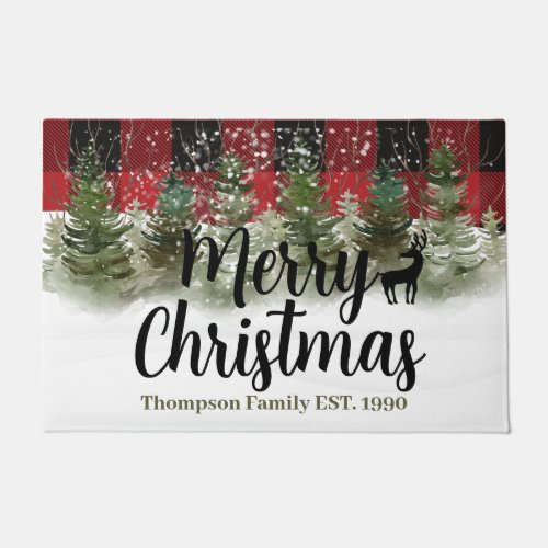 Family festive script winter tree Merry Christmas  Doormat