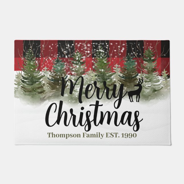 Family festive script winter tree Merry Christmas  Doormat (Front)
