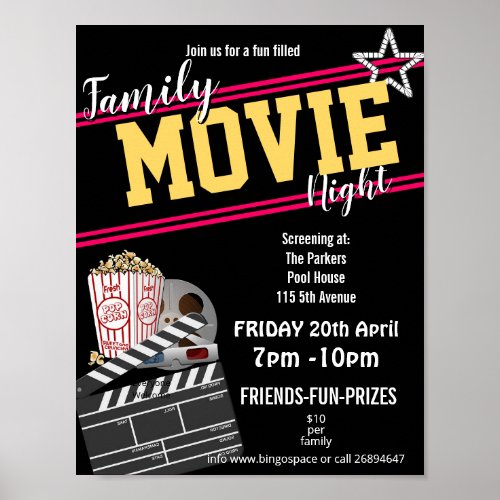 Family film night movie night party PTA event PTO Poster
