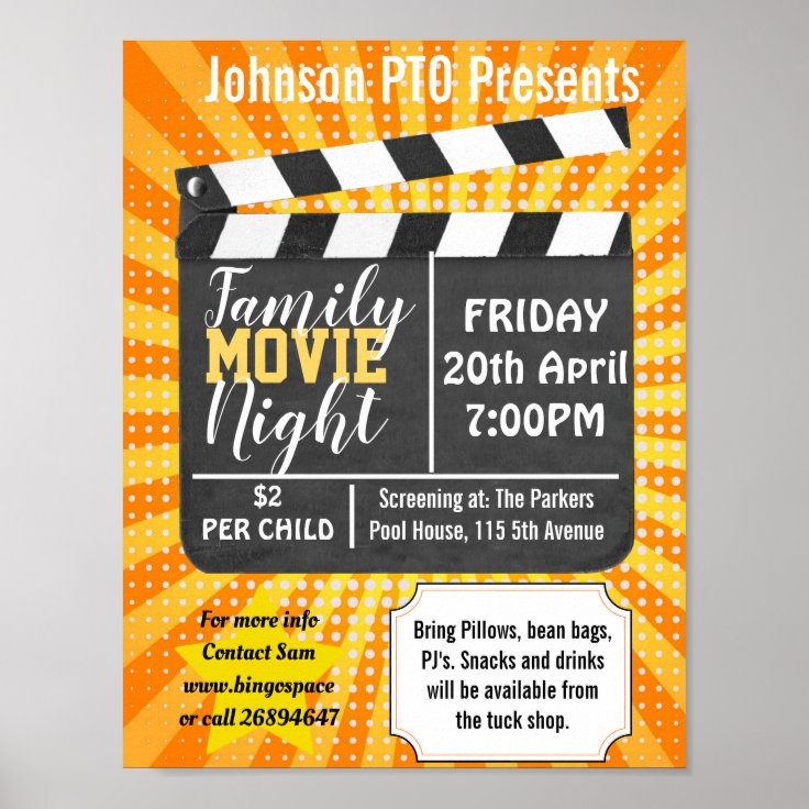 Family film night, movie night party PTA event PTO Poster | Zazzle