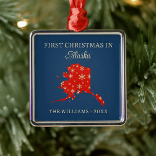 Family First Christmas In Alaska USA State Metal Ornament