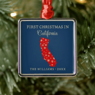 Family First Christmas In California State Blue Metal Ornament