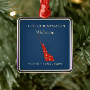 Family First Christmas In Delaware USA State Metal Ornament