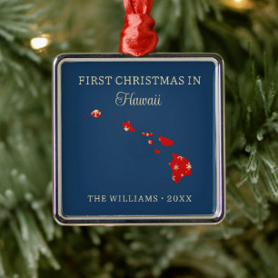 Family First Christmas In Hawaii USA State Metal Ornament