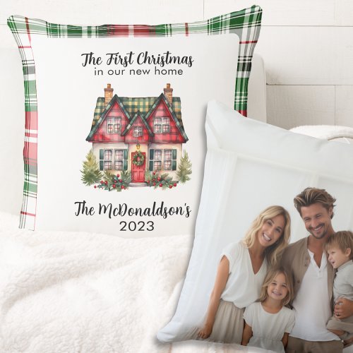 Family First Christmas In Home Country Plaid Red  Throw Pillow