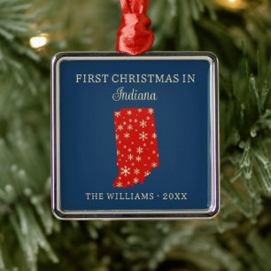 Family First Christmas In Indiana USA State Metal Ornament