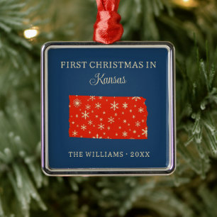 Family First Christmas In Kansas USA State Metal Ornament