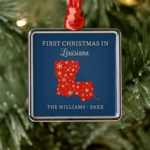 Family First Christmas In Louisiana USA State Metal Ornament