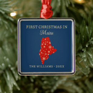 Family First Christmas In Maine USA State Metal Ornament