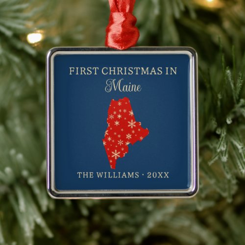 Family First Christmas In Maine USA State Metal Ornament