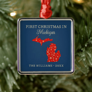 Family First Christmas In Michigan USA State Metal Ornament