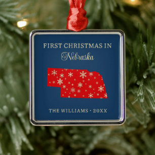 Family First Christmas In Nebraska USA State Metal Ornament