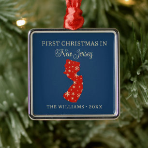Family First Christmas In New Jersey State Blue Metal Ornament