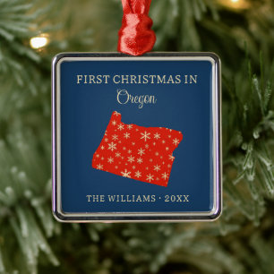 Family First Christmas In Oregon USA State Metal Ornament