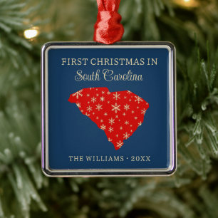 Family First Christmas In South Carolina Blue Metal Ornament