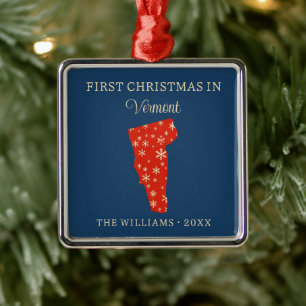 Family First Christmas In Vermont USA State Metal Ornament