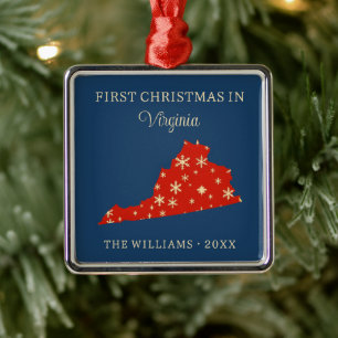 Family First Christmas In Virginia USA State Metal Ornament