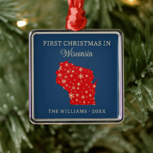Family First Christmas In Wisconsin USA State Metal Ornament