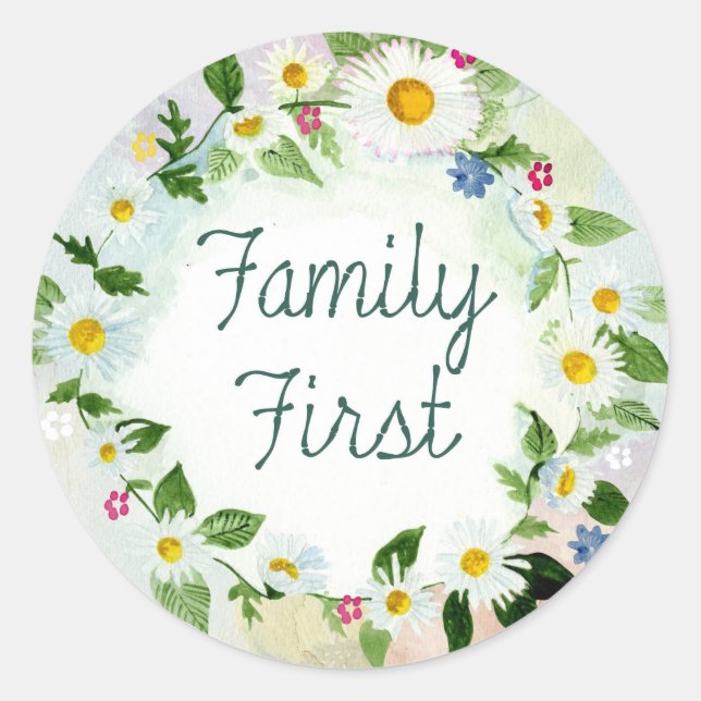 Family First Circle of Daisies Classic Round Sticker (Front)