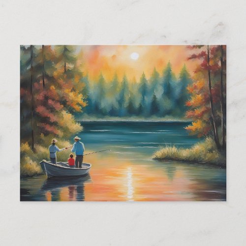 Family Fishing Together on a Peaceful Lake Postcard