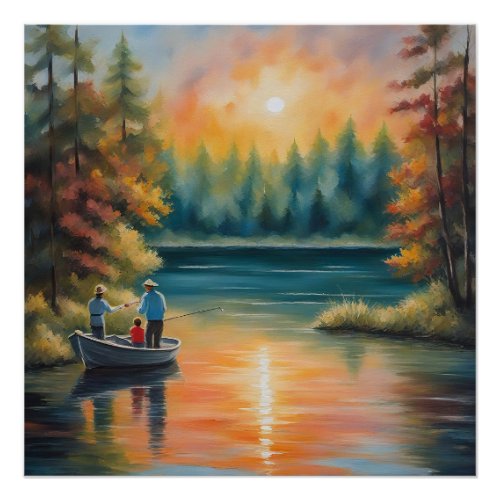 Family Fishing Together on a Peaceful Lake Poster