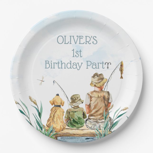 Family fishing trip: A Boy's 1st Birthday Paper Plates (Front)