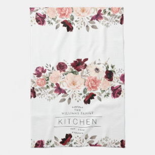 Family Floral Burgundy Kitchen Towel
